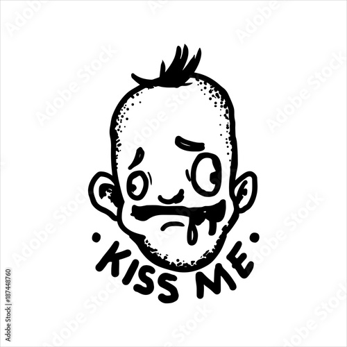 Etched vector illustration. Engraved sticker. Dark humor jokes. Contemporary street art work. Hand drawn sketch of a stupid man running out of slobber.