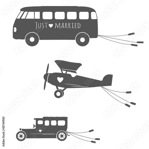 Vector set with vintage wedding aircraft with cans, vintage wedding bus with cans, vintage retro car with cans