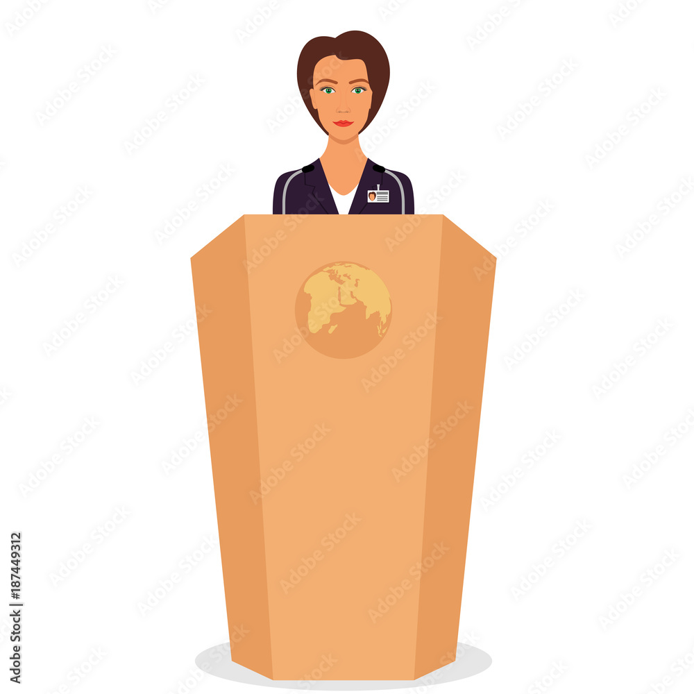 Woman in a business suit stands on a podium in front of the microphones. Woman orator speaking from tribune. Vector illustration. Woman in a business suit stands on a podium in front of the microphones. Woman orator speaking from tribune. Vector illustration.