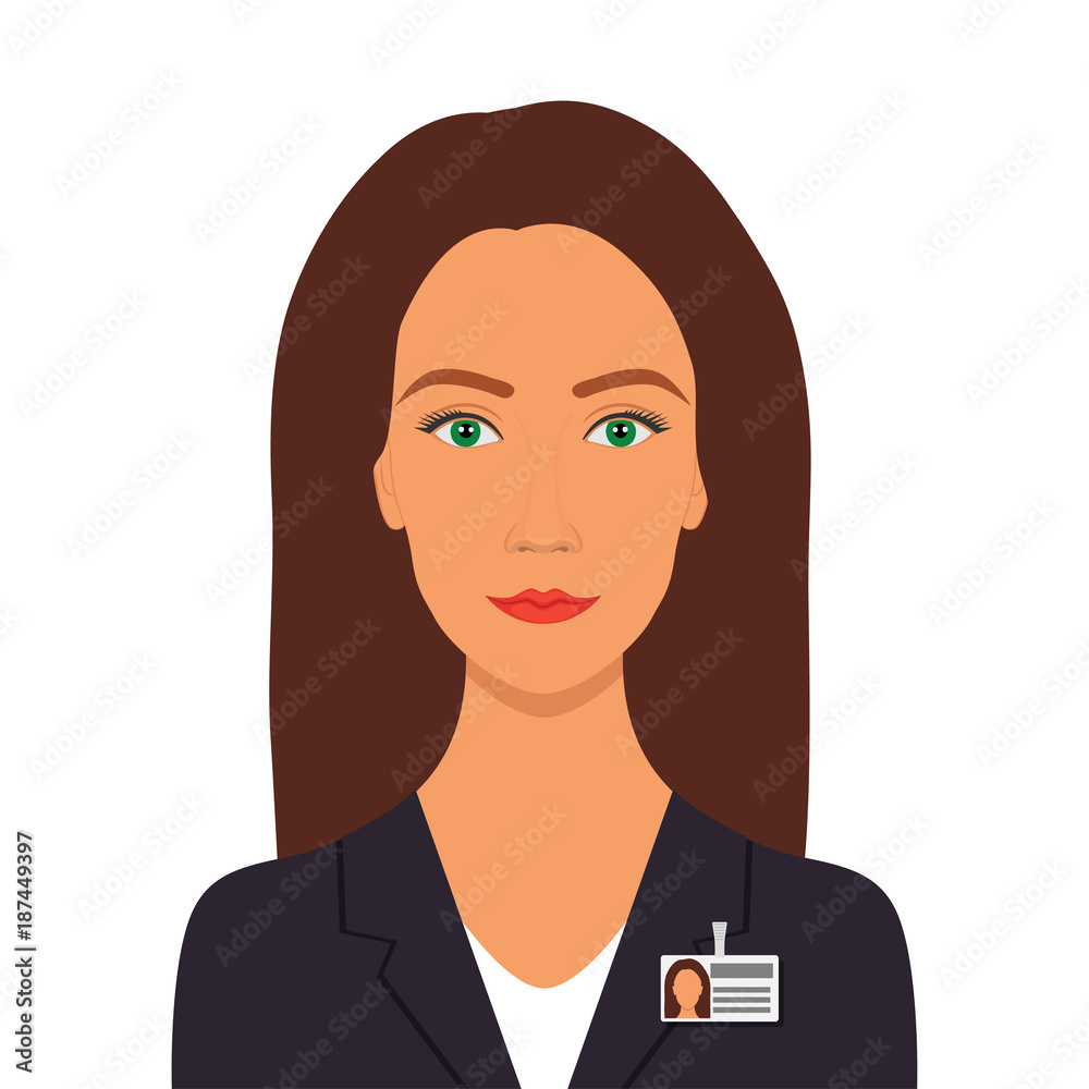 Elegant pretty woman in business suit with badge. Woman business avatar profile picture. Vector illustration, isolated.
