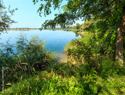 Summer lake calm rushy shore.