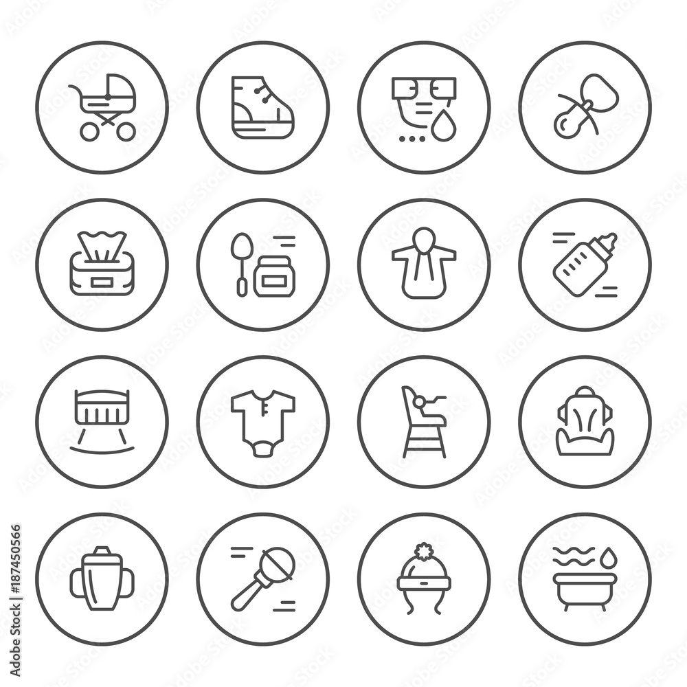 Set round line icons of newborn Set round line icons of newborn