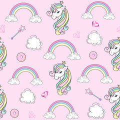 Fototapete Einhornmuster Einhorn mit Wolken auf Rosa  © Lucky Project