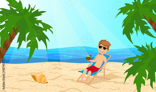 Young guy with a coconut cocktail in hand, resting in the lounger. Man on vacation. Beach and palm trees. The cartoon style.