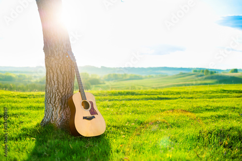 Acoustic guitar leaning against the trunk of a tree against a backdrop of beautiful scenery, a green meadow, spring hills, blue sky and sunset