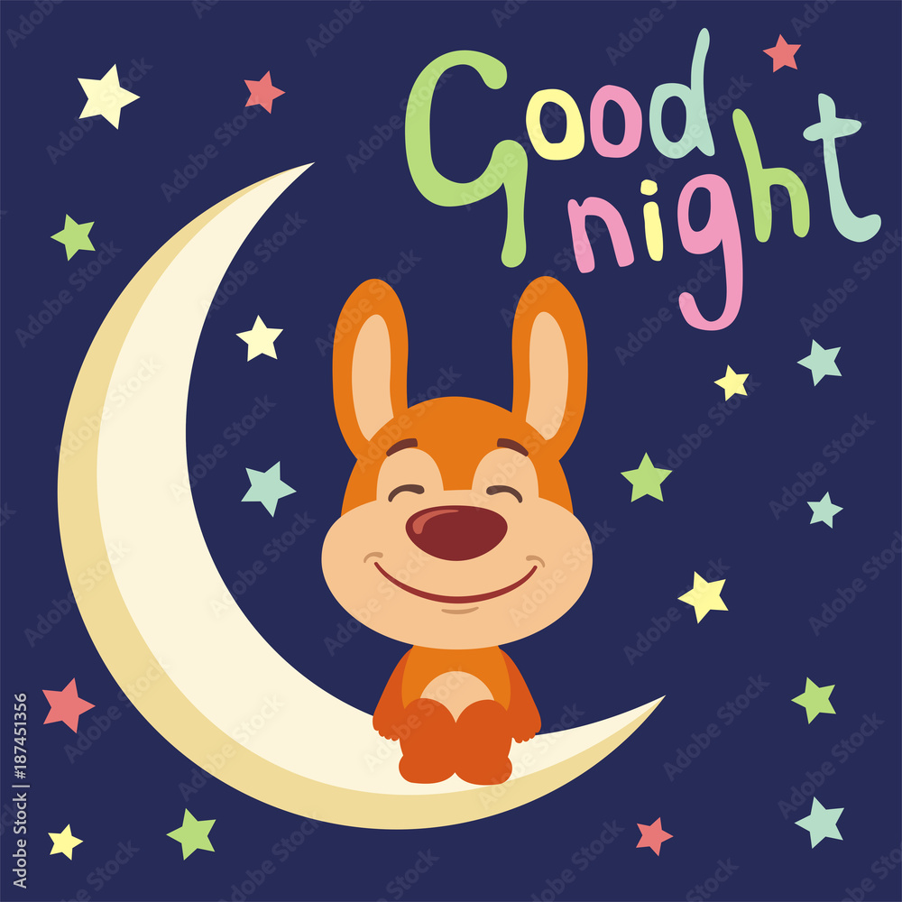 Good night! Funny bunny rabbit in cartoon style sitting on moon ...