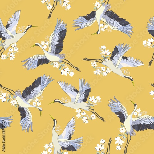 Japanese seamless pattern of birds and water. Traditional vintage fabric print. White and blue indigo background. Kimono design. Monochrome vector illustration.