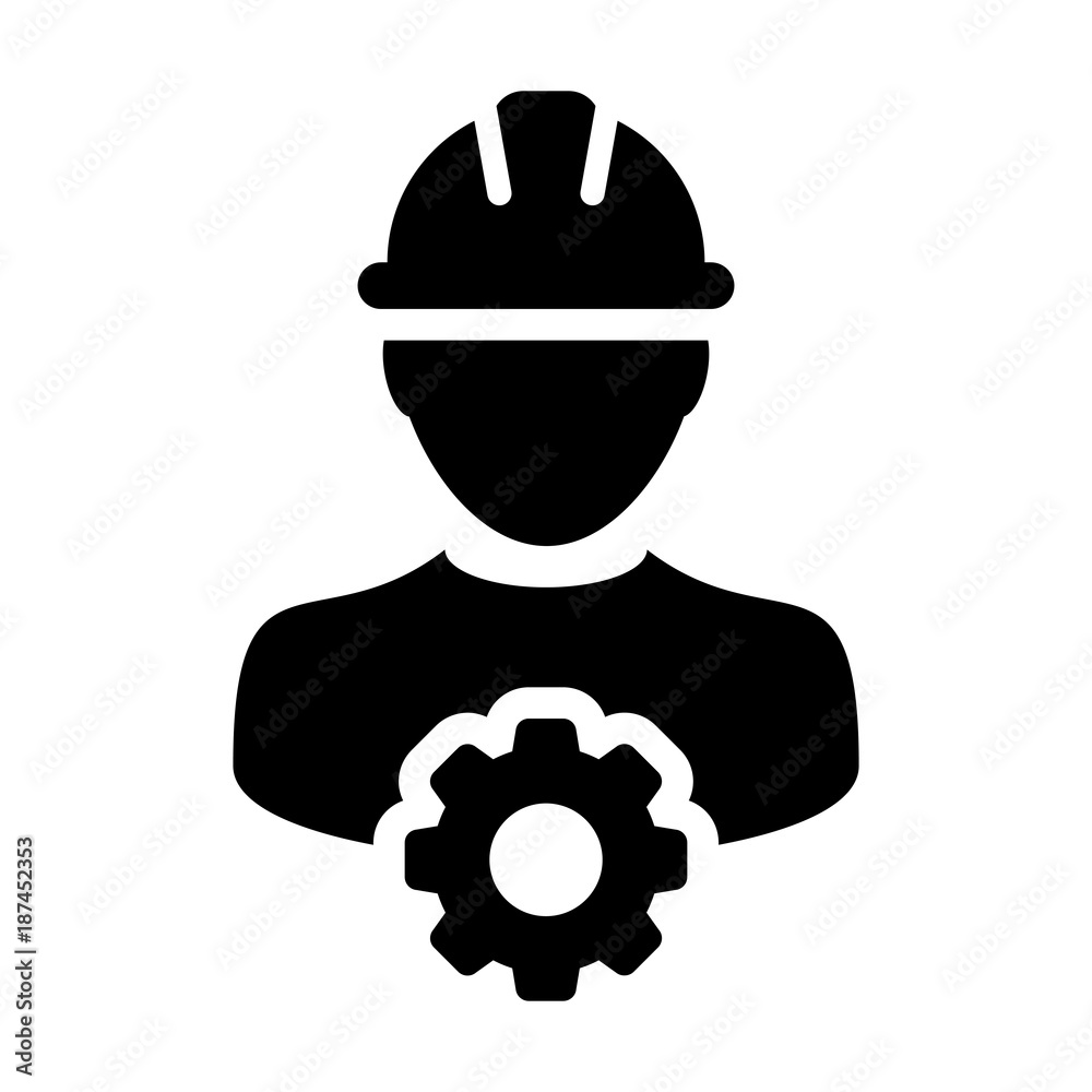 Service Icon Vector Male Person Worker Avatar Profile with Gear Cog Wheel for Engineering Support and with Hard Hat in Glyph Pictogram Symbol illustration Service Icon Vector Male Person Worker Avatar Profile with Gear Cog Wheel for Engineering Support and with Hard Hat in Glyph Pictogram Symbol illustration