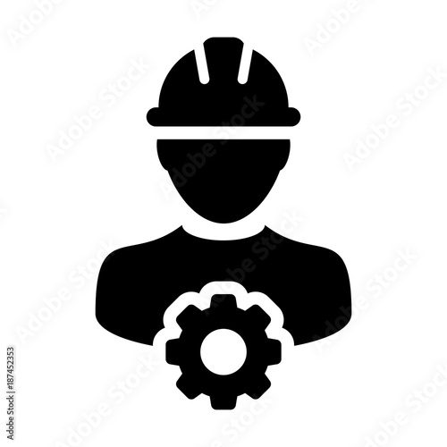 Service Icon Vector Male Person Worker Avatar Profile with Gear Cog Wheel for Engineering Support and with Hard Hat in Glyph Pictogram Symbol illustration