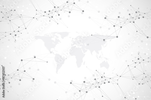 Political World Map with global technology networking concept. Digital data visualization. Lines plexus. Big Data background communication. Scientific vector illustration