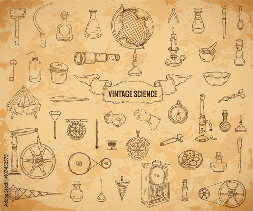 Vintage science objects set in steampunk style. Scientific equipment for physics, chemistry, geography, pharmacy on aged paper background . Isolated elements. Vector illustration