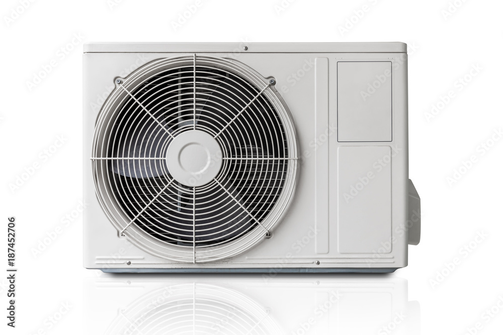 White metal air conditioner unit isolated on white background with clipping path White metal air conditioner unit isolated on white background with clipping path