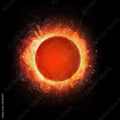Abstract fire ball explosion with free space for text on black background