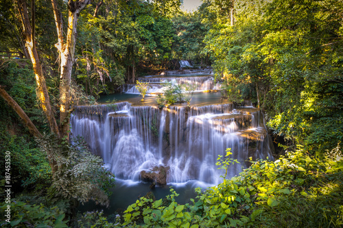 Fototapeta Naklejka Na Ścianę i Meble -  Smooth Waterfall in the Forest. Huay Mae Khamin Waterfall at Sri Nakarin National Park, Kanchanaburi  Province, Thailand.