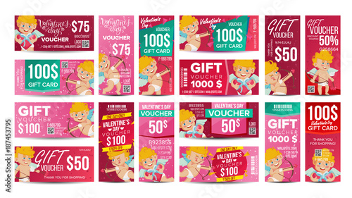 Valentine s Day Voucher Gift Design Vector. Set Horizontal Vertical Discount. Happy Valentine Cupid And And Gifts. February 14 Advertisement. Marketing Illustration