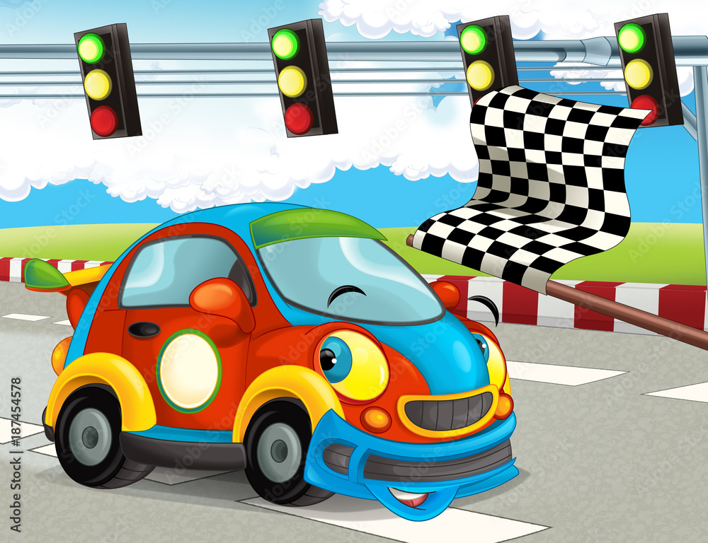 Plakat cartoon śmieszne i szczęśliwe wyścigi samochodów na torze wyścigowym - ilustracja dla dzieci