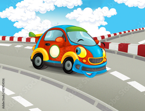 cartoon funny and happy looking racing car on race track - illustration for children