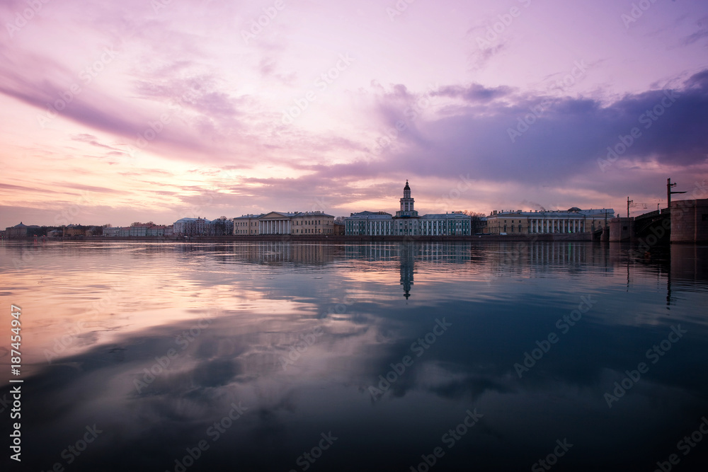Museum of Anthropology and Ethnography Kunstkamera founded by Peter the First in St. Petersburg on the Neva embankment against the backdrop of a beautiful sunset. Summer. Spring. Vasilievsky Island. R