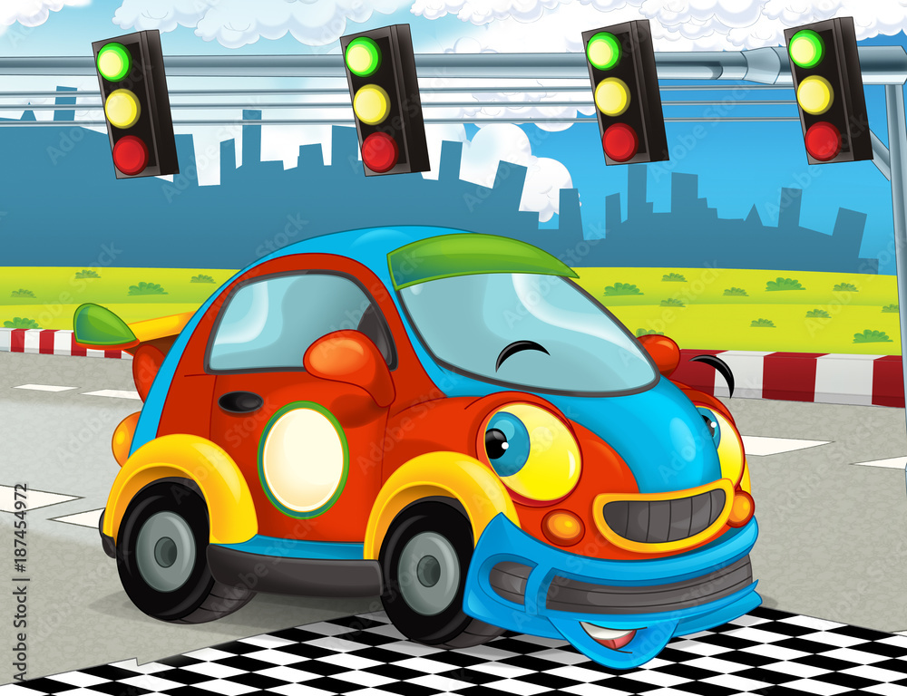 cartoon funny and happy looking racing car on race track - illustration for children cartoon funny and happy looking racing car on race track - illustration for children