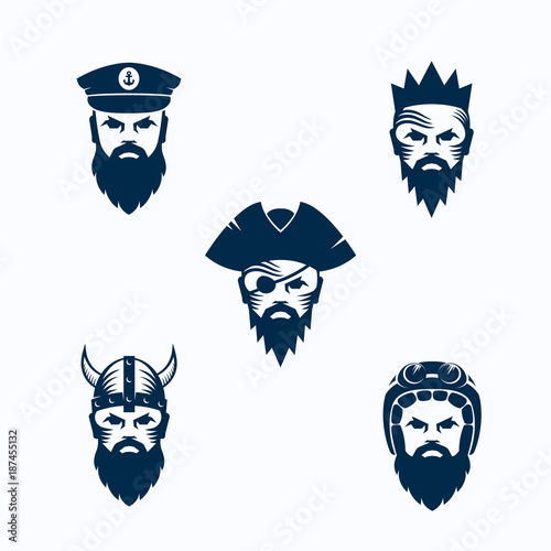 Set of Vector Men Face Silhouettes. Bearded Faces of Warrior, Captain, Pirate, King and Biker. Abstract Emblems, Sport Team Signs or Logo Templates.