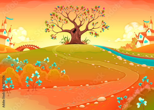 Countryside landscape with tree in the sunset