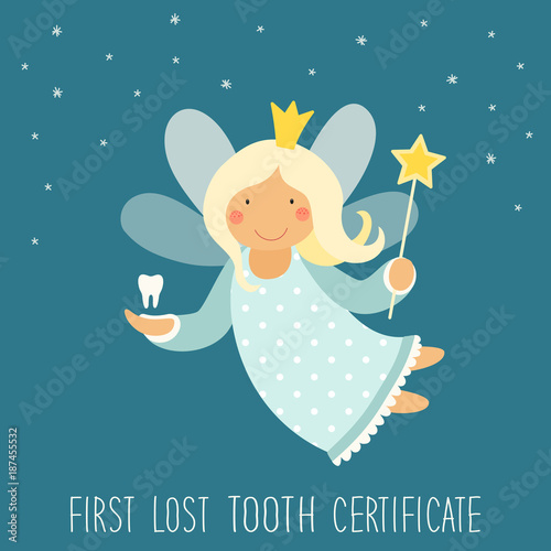 Cute hand drawn card with funny smiling cartoon character of tooth fairy