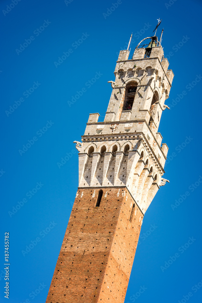 Close up of Torre del Mangia (Mangia tower) in Siena, Tuscany, Italy
