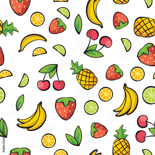 Fototapeta Naklejka Na Ścianę i Meble -  Banana, cherry, lemon, lime, pineapple, strawberry on white background pattern