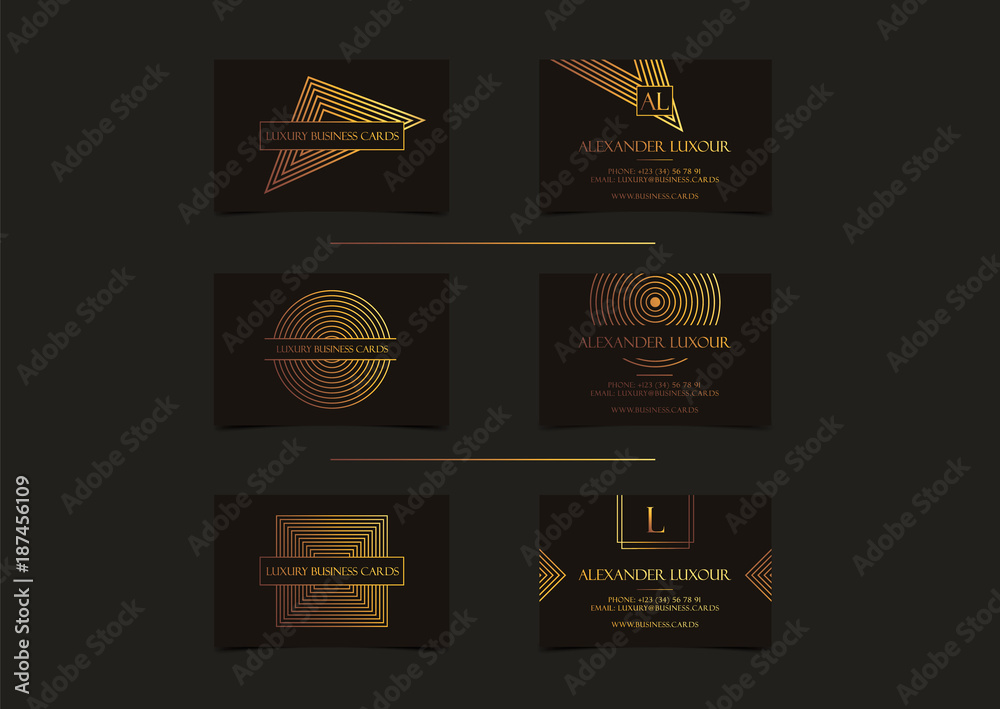 Black Gold Luxury business cards set for VIP event. Elegant Greeting Card with golden circle geometric pattern. Banner or invitation with foil round logo. Branding or identity graphic design