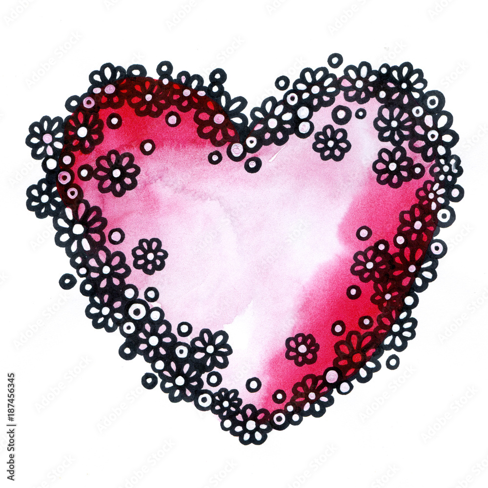 Romantic pink hand-drawn heart with floral frame.