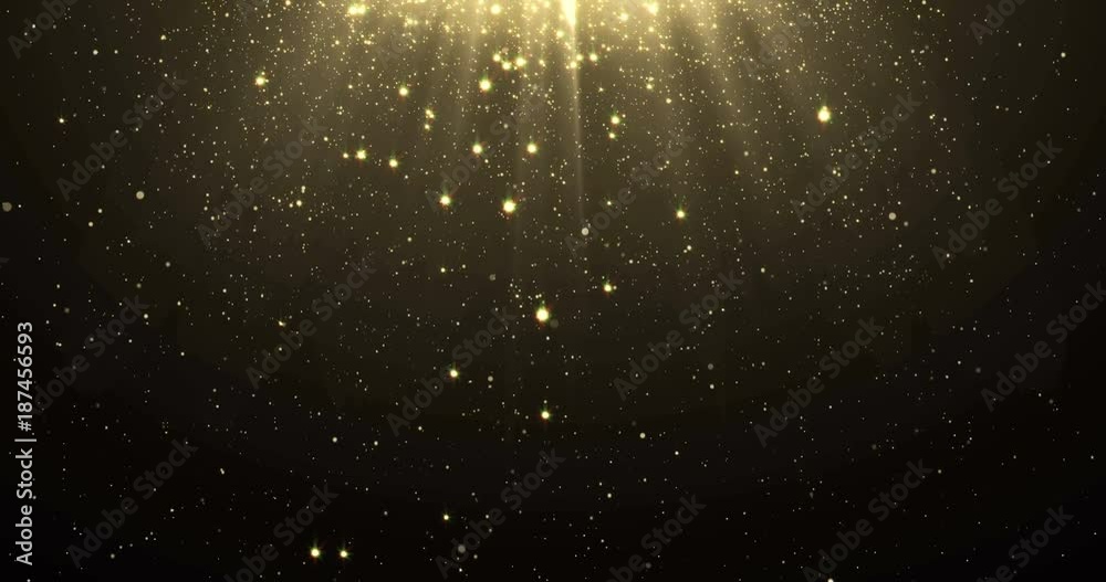 Abstract gold glitter particles background with shining stars falling down and light flare or glare overlay effect above for luxury premium product design or award template backdrop. Magic radiance