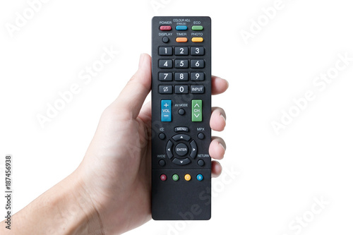 TV remote control, the hand with a remote control isolated