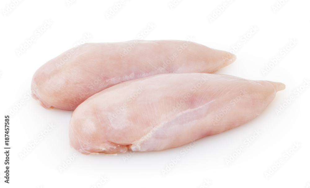 Raw skinless chicken breast fillet isolated on white background with clipping path Raw skinless chicken breast fillet isolated on white background with clipping path