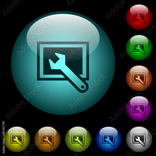 Screen settings icons in color illuminated glass buttons