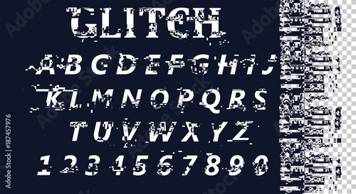 Vector distorted glitch font. Trendy style lettering typeface. Latin letters from A to Z and numbers from 0 to 9. Computer screen error. Digital pixel noise abstract design. EPS10