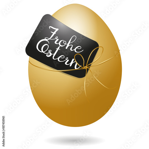 Frohe Ostern - goldenes Osterei mit schwarzem Schild und goldener Schleife