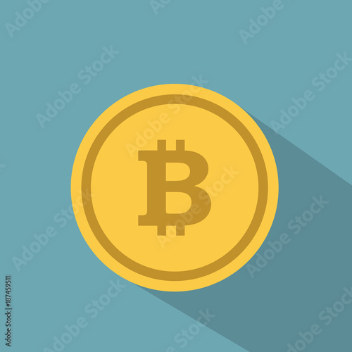 Bitcoin. Physical bit coin. Digital currency. Cryptocurrency. Golden coin with bitcoin symbol isolated on blue background. Stock vector illustration.