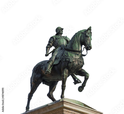 Bartolomeo Colleoni, italian soldier of fortune, bronze equestrian monument in Venice, cast by renaissance artist Verrocchio in the 15th century (isolated on white background) 