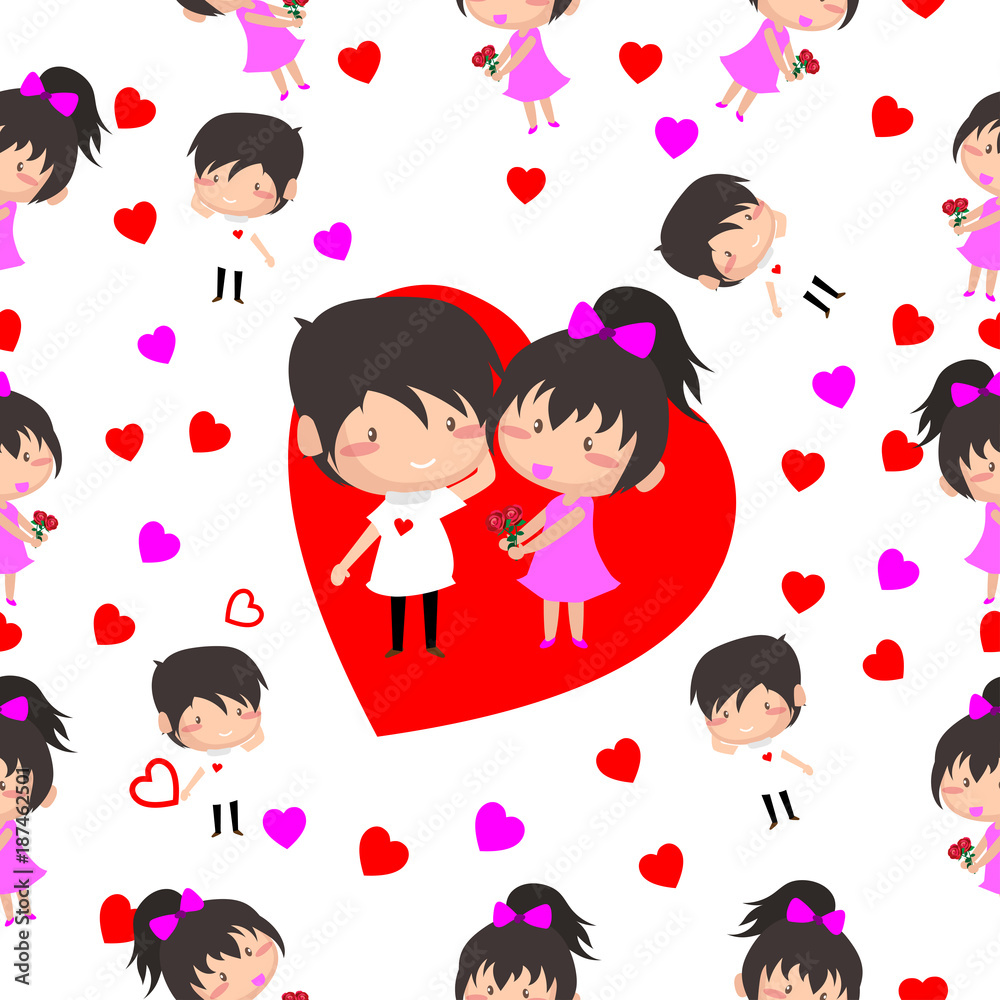 Boy and Girl love Hearts seamless pattern background, ideal for celebrations, wedding invitation, and valentine's day festival .Vector illustration.Cartoon style. Boy and Girl love Hearts seamless pattern background, ideal for celebrations, wedding invitation, and valentine's day festival .Vector illustration.Cartoon style.