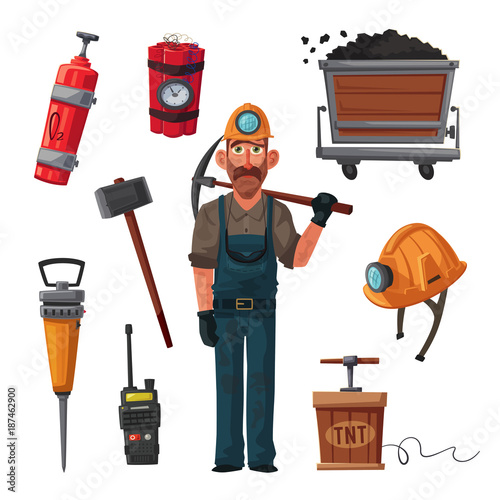 Coal mining. Miner character and tools. Cartoon vector illustration