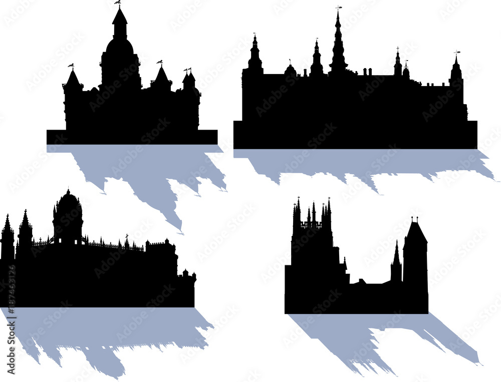 collection of four isolated castles with shadows