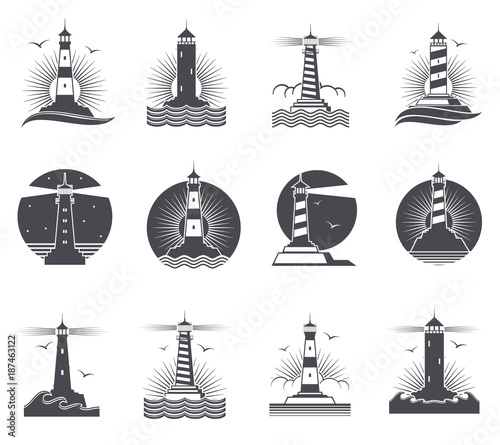 Lighthouse vector marine vintage labels. Lighthouses and ocean waves retro nautical logos set