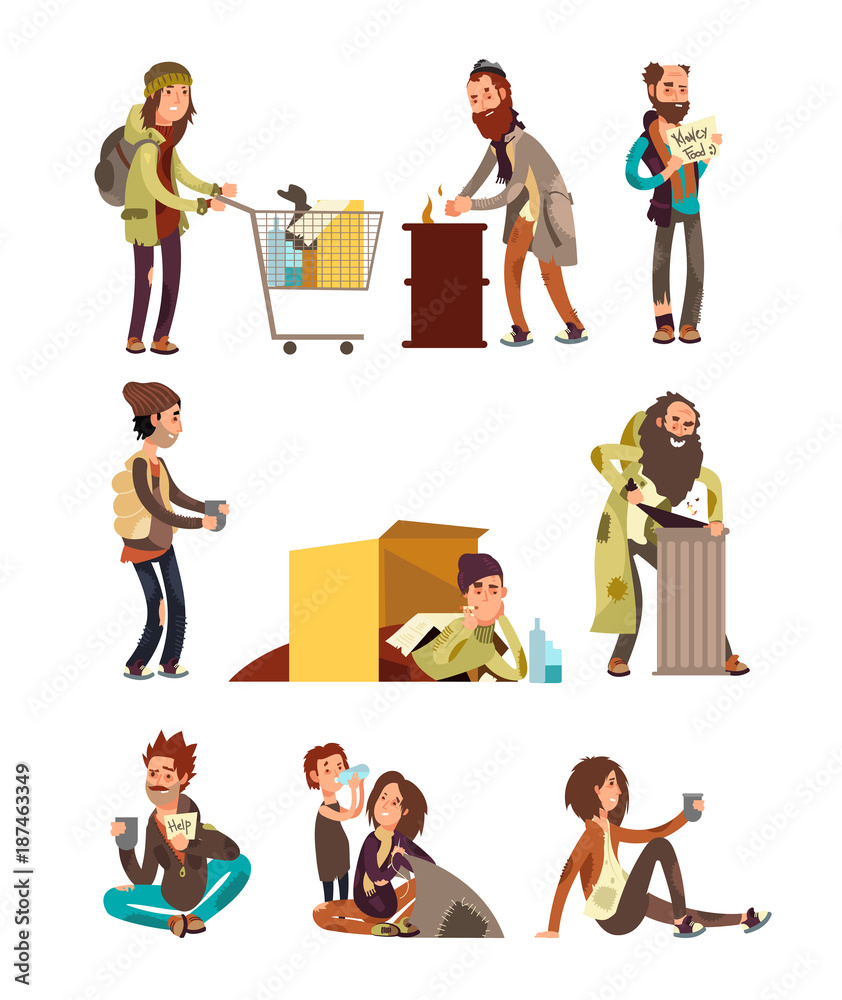 Hungry dirty homeless people. Adult woman and man begging money vector characters set