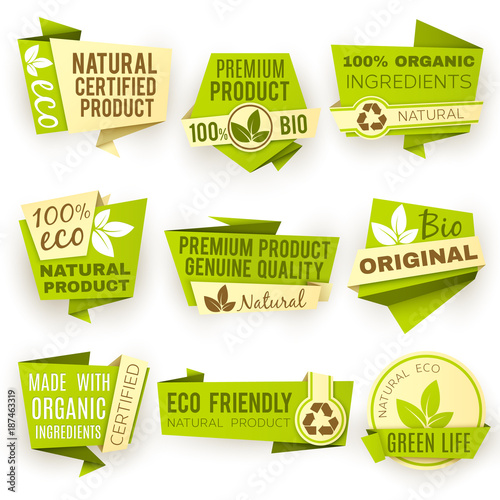 Healthy organic farm fresh product vector stickers. Green vegan food badges and labels