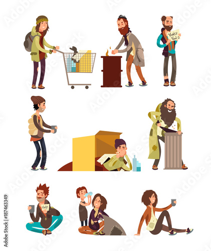 Hungry dirty homeless people. Adult woman and man begging money vector characters set