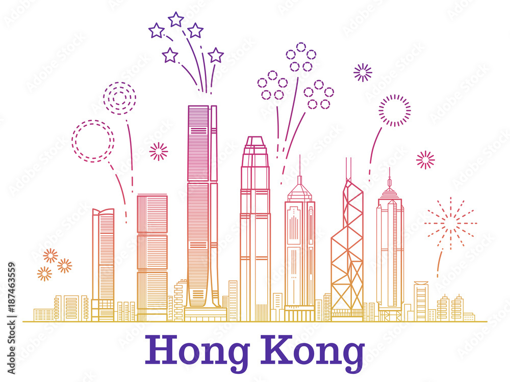 Hong kong city vector panorama with colorful festive fireworks