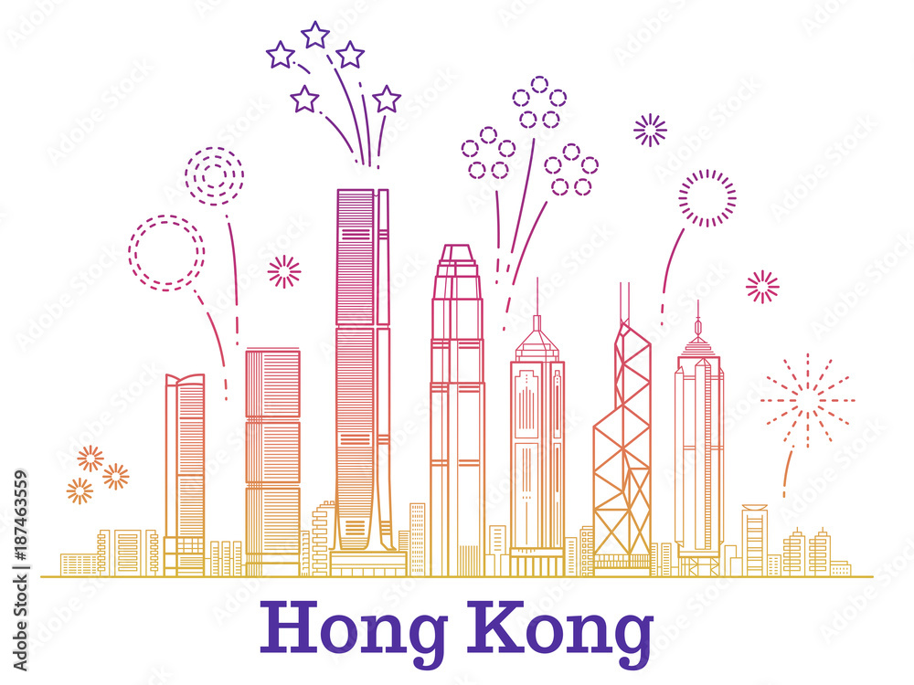 Fototapeta premium Hong kong city vector panorama with colorful festive fireworks
