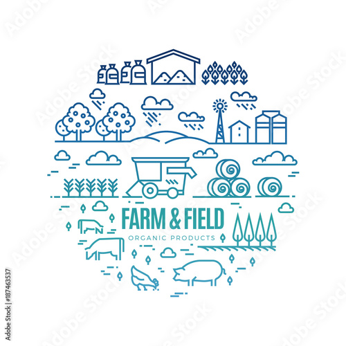 Bright rural landscape and agriculture farming thin line icons - organic products label concept