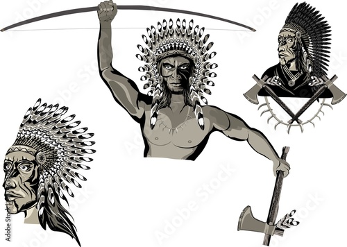 Set of warriors of native americans in traditional clothes