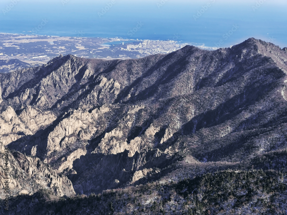 Great view to beautiful mountains from the most hight peak of Seoraksan National Park. South Korea